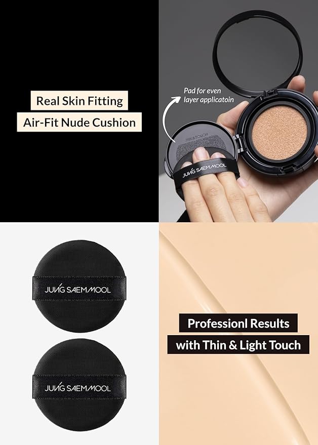 JUNG SAEM MOOL Essential Skin Nuder Longwear Cushion 0.98 Fl Oz, Refill Included, 24H Lasting Korean Cushion Foundation with High Coverage, Semi-Matte Natural Finish (SPF 50, 19 Light)