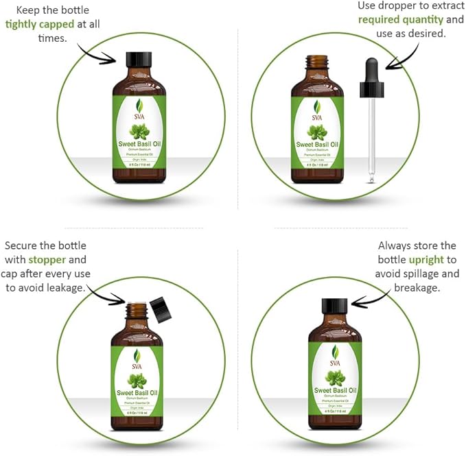 SVA Sweet Basil Essential Oil, Glass Bottle with Dropper, 4 Fl Oz (118 ml)
