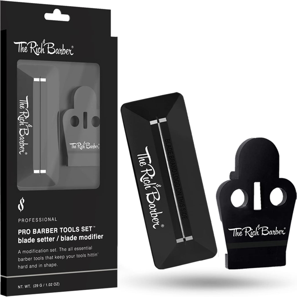 The Rich Barber Pro Barber Tools Set - Accessories Kit with 1-Minute Blade Modifier & 10-Second Blade Setter - Zero Gap Trimmer Alignment Tool, Blade Sharpener Block - Professional Barber Supplies