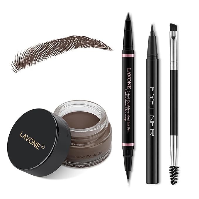 LAVONE Eyebrow Pen Kit, Waterproof Brow Pencil,Pomade,Eyeliner, Black Brown