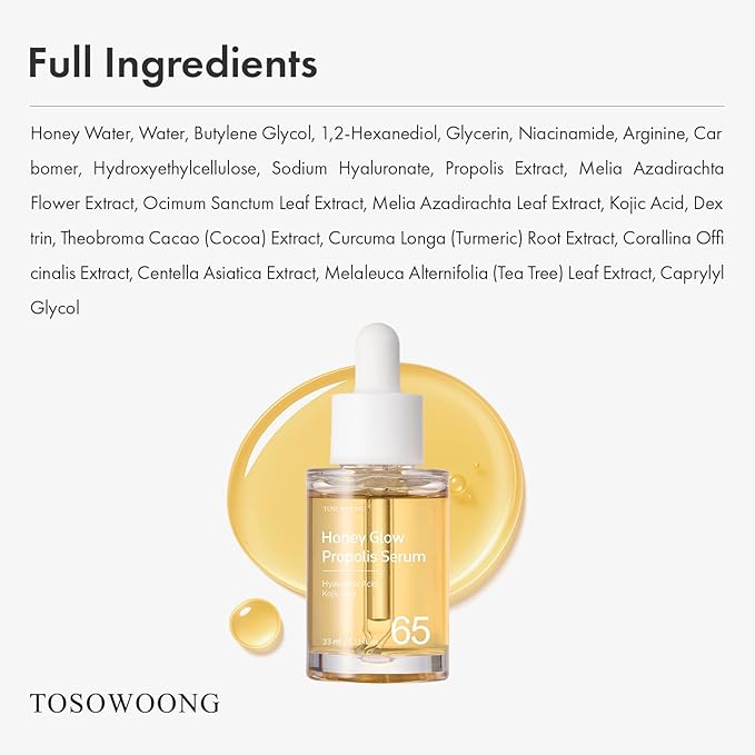 TOSOWOONG Honey Glow 65% Propolis Serum for Soothing & Uneven Tone, Barrier