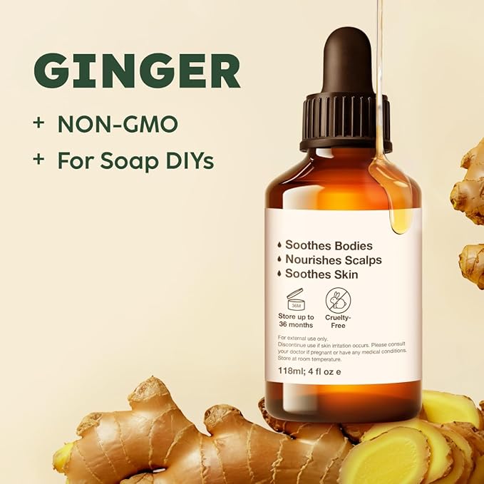 100% Pure Ginger Oil - 4 Fl Oz Ginger Essential Oil for Hair, Skin, Diffuser, Aromatherapy & DIY Soap Making Scent