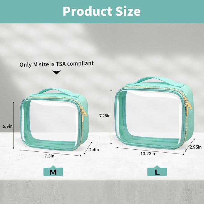 FAYORORY TSA Approved Travel Toiletry Bag,2 Pack Clear Makeup Bags with Handles,Quart Size Clear Cosmetic Bags for Traveling Women,Men,Carry on Airport Airline Compliant Bag,Green