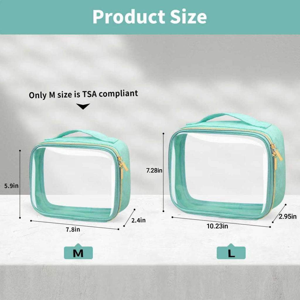 FAYORORY TSA Approved Travel Toiletry Bag,2 Pack Clear Makeup Bags with Handles,Quart Size Clear Cosmetic Bags for Traveling Women,Men,Carry on Airport Airline Compliant Bag,Green