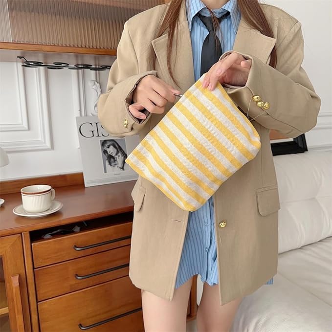 Flat Makeup Bag for Women,Zipper Cosmetic Pouch for Purse,Stripe Yellow