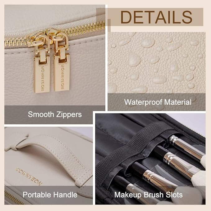 Camdeez Cosmetic Bag,ROWNYEON Makeup Bag,Portable Makeup Train Case,Travel Toiletry Bag Case Organizer for Women,Beige