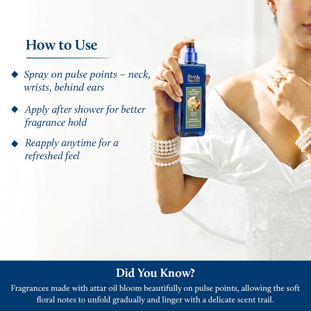 Blue Nectar Niraa Jasmine Nayika Body Attar | Perfume Mist for Women | Long-Lasting Jasmine Attar with Fig Leaf | Floral Body Mist Spray | Travel-Friendly (3.38 Fl Oz)