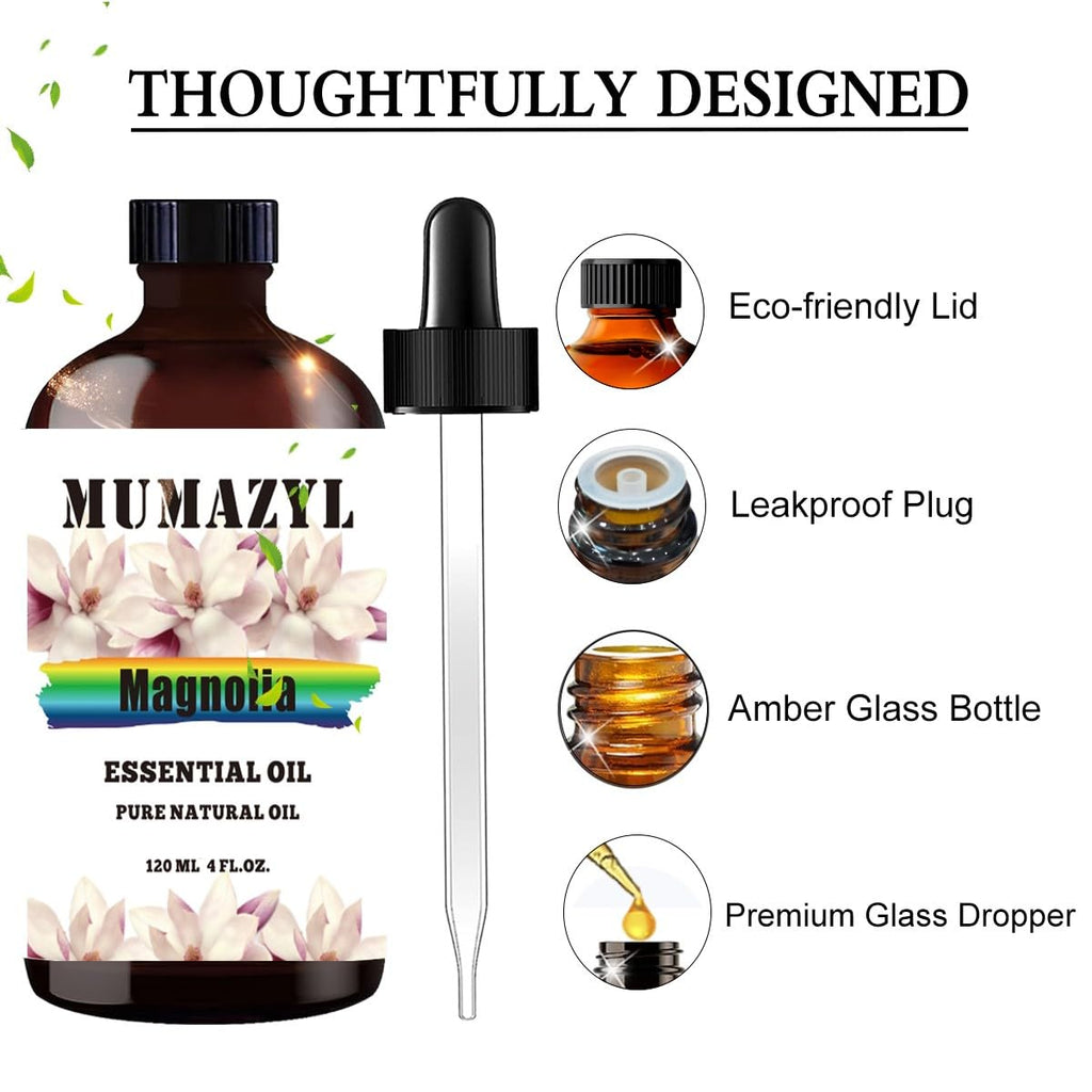 Magnolia Essential Oil, Magnolia Oil 4 Fl Oz 120ML for Diffuser Humidifier Yoga Cleaning DIY Candle Soap Making MUMAZYL Essential Oils