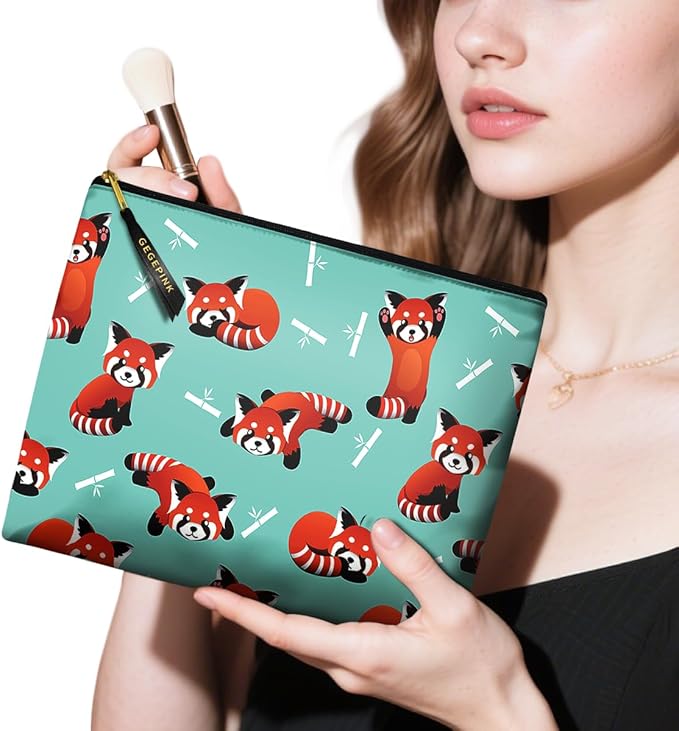 GEGEPINK Cute Makeup Bag for Purse Waterproof Cosmetic Bags for Women Funny Smooth Zipper Travel Toiletry Pouch 10X8 Inches-Red Panda Makeup pouch