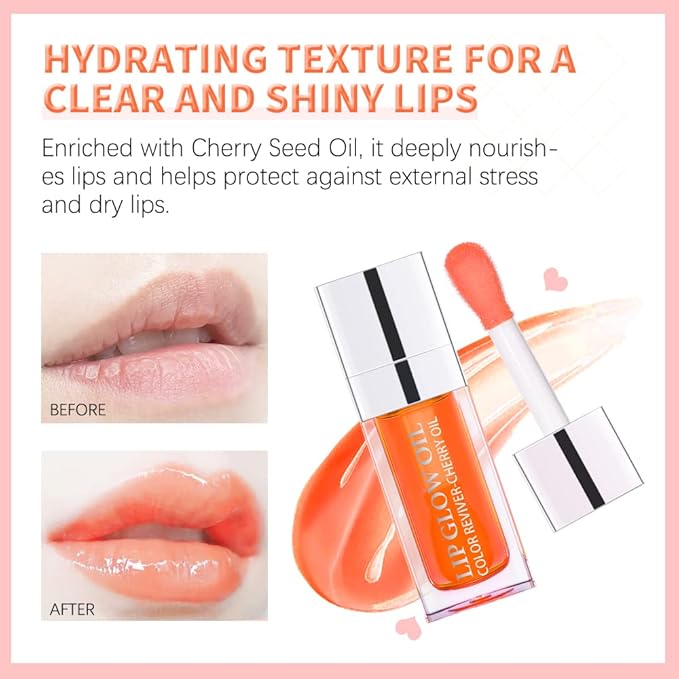 GECOMO Hydrating Lip Glow Oil, Lip Oil Gloss Transparent Toot Tinted Nourishing Long Lasting Repairing Lightening Lip Lines (RASPBERRY) 0.2 OZ