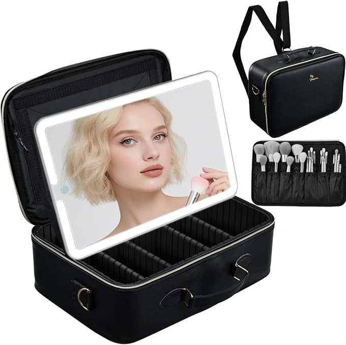 Faquenc Large Makeup Bag with LED Mirror,15”Cosmetic Train Case for Makeup Artists,Travel Makeup Organizer Case w Divider Rechargeable Vanity Mirror with 3 Color Lights for Barber,MUA,Nail Tech, Black
