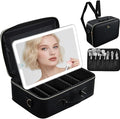 Faquenc Large Makeup Bag with LED Mirror,15”Cosmetic Train Case for Makeup Artists,Travel Makeup Organizer Case w Divider Rechargeable Vanity Mirror with 3 Color Lights for Barber,MUA,Nail Tech, Black