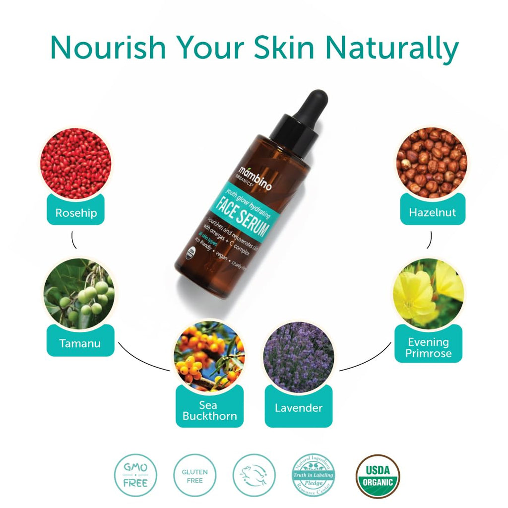 Mambino Organics Youth Glow Hydrating Serum, Vitamin C Face Serum with Marula, Rosehip Oil, Revitalizing Skin, Fades Dark Spots, Smooths Texture, Organic, Vegan, Skin Care, 1 fl oz