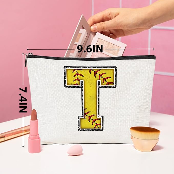 Softball Gifts Initial T Makeup Bag Softball Gifts for Team Cosmetic Bag