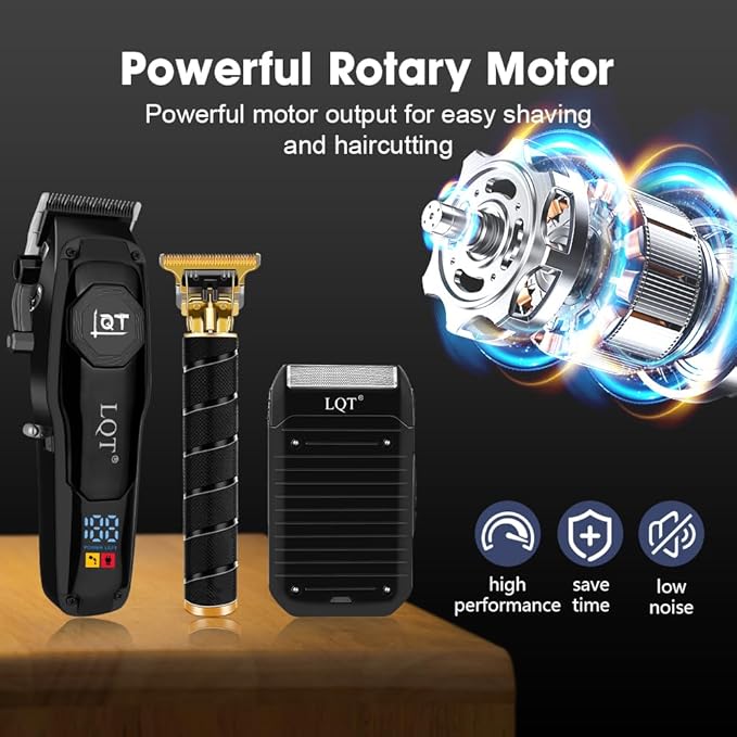 LQT 4-in-1 Men's Hair Clippers Kit, Includes Nose Hair Trimmer, Electric Shaver, and Engraving Trimmer, Wireless USB Rechargeable Grooming Set, Blue Ombre Design, Ideal Gift for Men (Black)