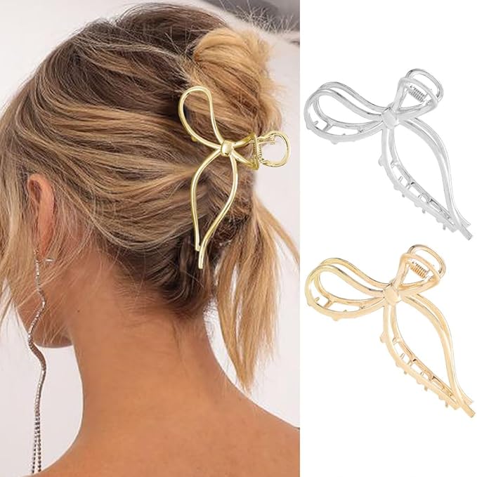 CAKURE Bow Claw Clip Gold Metal Hair Clips Medium Hair Jaw Clamps Stylish Hair Accessories for Women and Girls (Pack of 2)