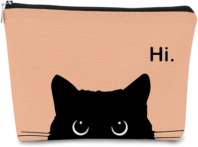 BARPERY Cat Makeup Bag, Cute Makeup Bag, Cat Gifts for Cat Lovers Women, Black Cat Gifts, Hi Black Cat Kitty Cosmetic Bag, Cat Makeup Pouch, Cat Stuff for Cat Lovers (Camel-2)