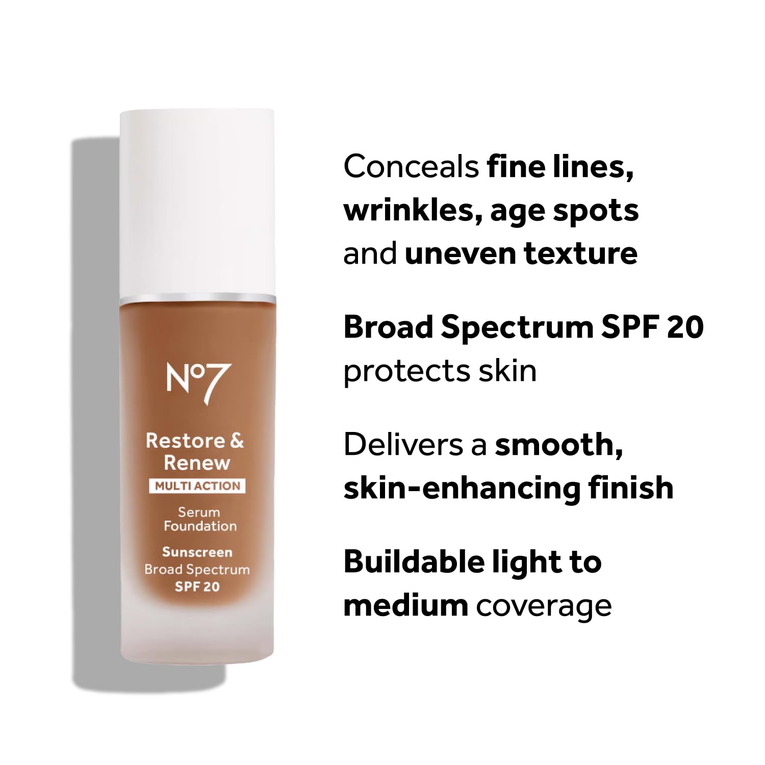 No7 Restore & Renew Multi Action Serum Foundation - Cedar - Liquid Foundation Makeup with Vitamin C, Vitamin E & Collagen for Face - Beauty Skin Serum Formula with Medium Coverage (30ml)