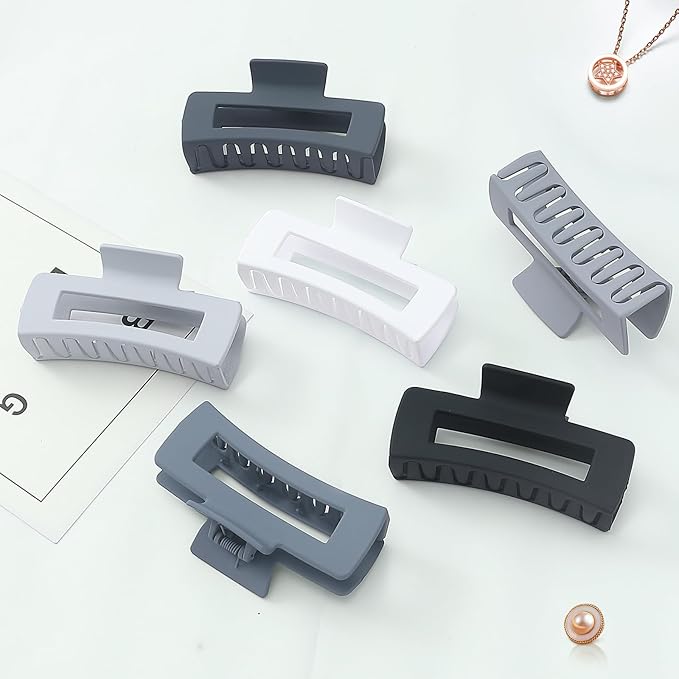 Sisiaipu 4 Inch Big Hair Claw Clips 6 Pcs Large Claw for Thick Hair Square Hair Clips for Women Rectangle Hair Clips Nonslip Acrylic Banana Jaw Clips Hair Accessories for Girls (Grey)