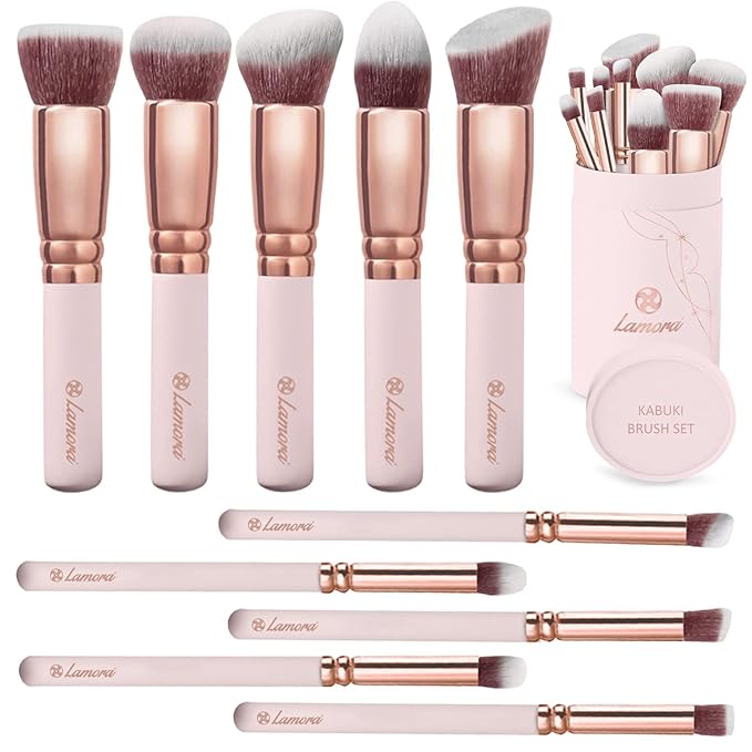 Lamora Kabuki Makeup Brush Set - 10 Essential Face, Eye, Precision Brushes