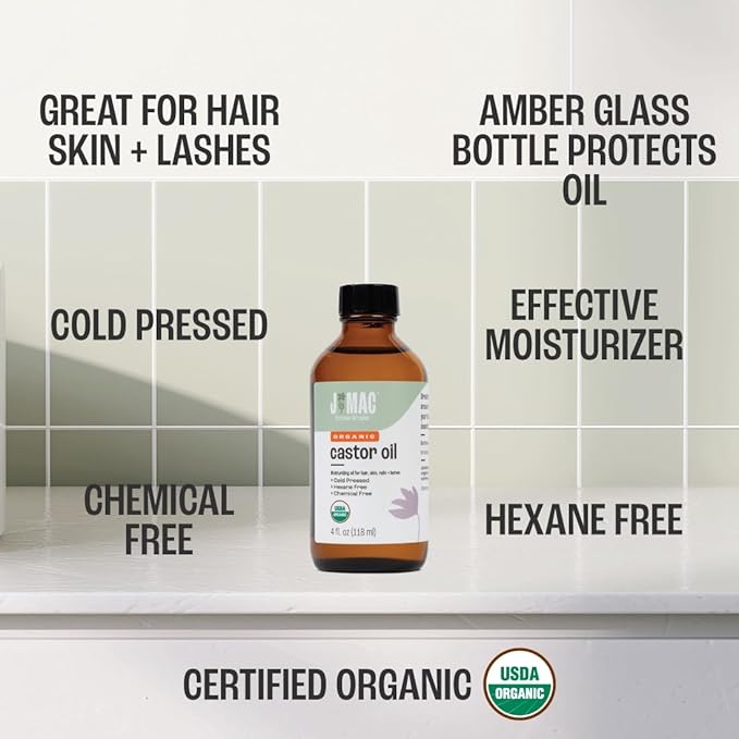 J MAC BOTANICALS Organic Castor Oil Cold Pressed in Amber Glass Bottle (4oz, NO DROPPER) USDA Certified, Hexane Free - Moisturizing Oil for Hair, Skin, Face, Eyelashes, Brows, Nails, and Castor Wraps