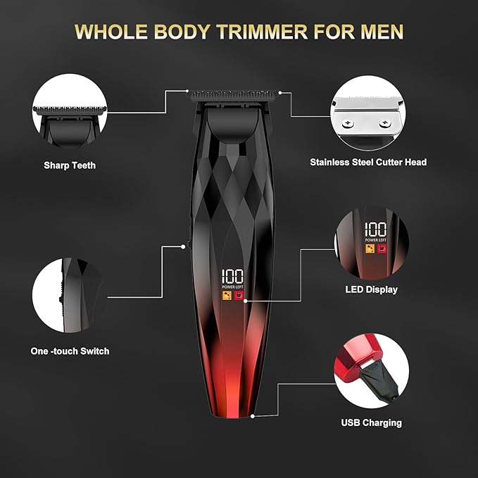WAIKIL Professional Hair Clipper and Trimmer Set for Men, Cordless Barber Clippers with LED Display, Rechargeable Hair Cutting Kit for Hair, Beard and Grooming,Red