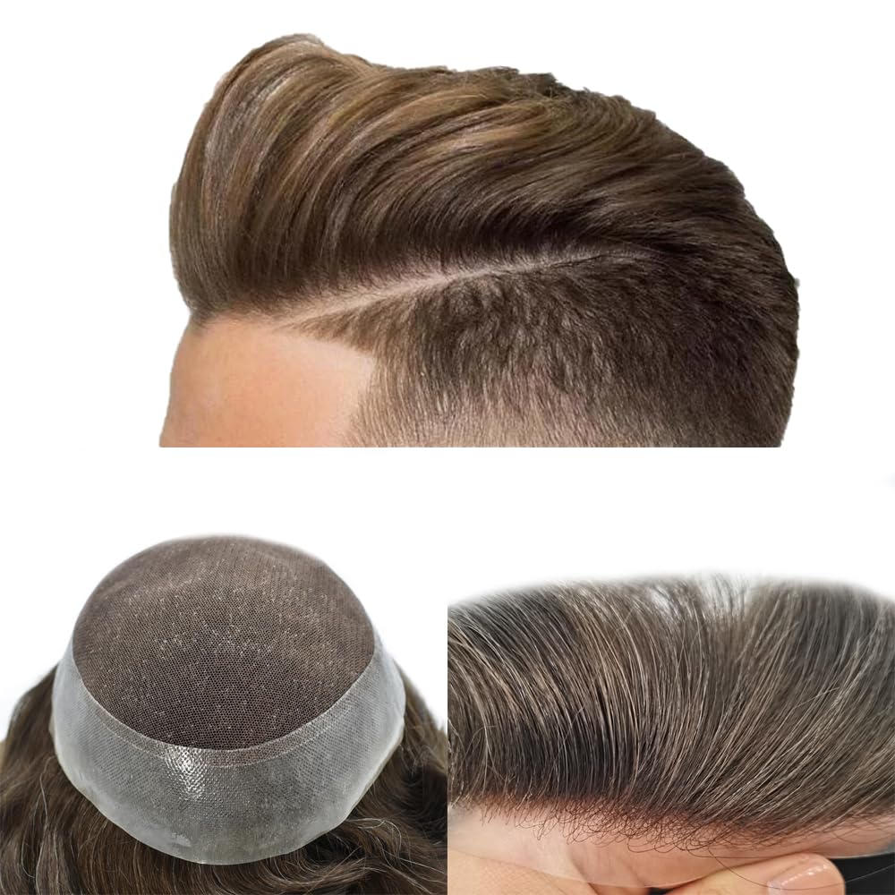 F M FACE MIRACLE NEW YORK Mens Toupee Human Hair Piece French Lace Toupee for Man Hair System Indian Human Hair Replacement Systems V-Looped PU Front Hairpieces 7"X9" 17#DARK ASH BLONDE