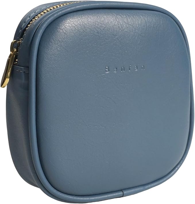 Benfan Leather Cosmetic Bag for Women Small Zipper Makeup Bag for Purse Waterproof Travel Makeup Organizer Charger Storage Pouch Color Blue