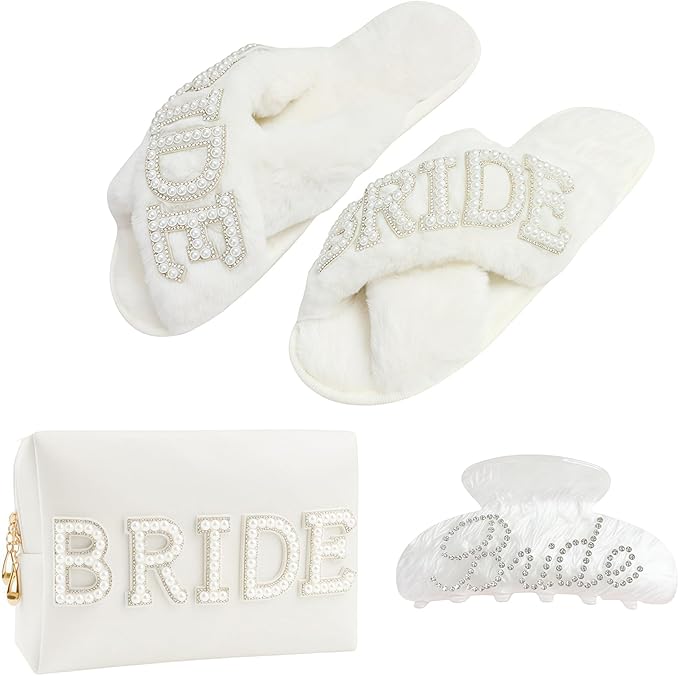 Kovewon Bridal Shower Gifts, Bride to Be Letter Makeup Bag with Pearl Rhinestone Fuzzy Bride Slippers, Hair Clip Wedding Engagement Gifts for Her, Bachelorette gifts