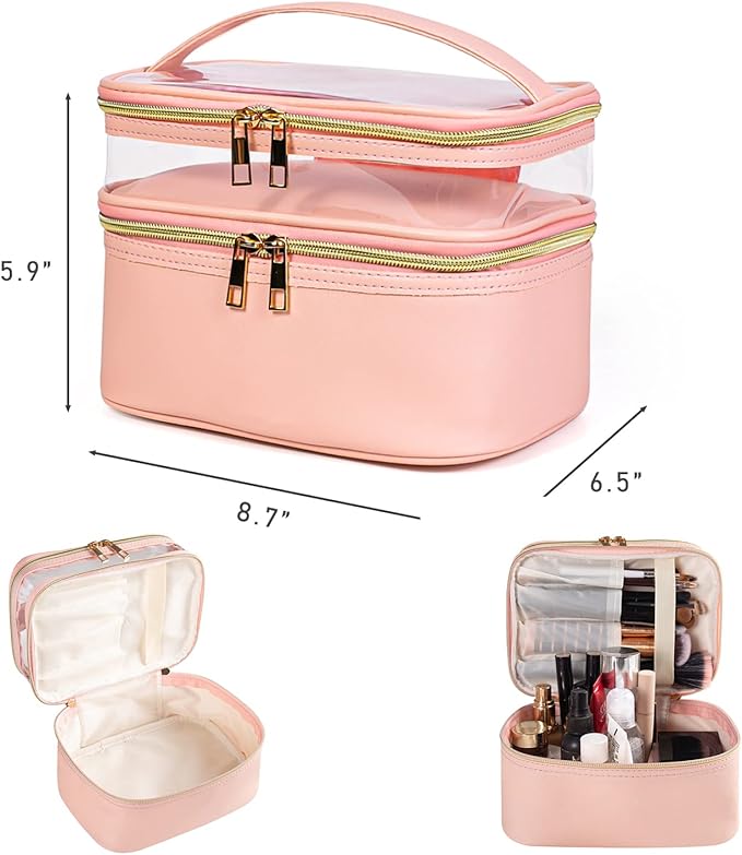 imerelez Pink Makeup Bag, Leather Double Layer Makeup Bag,Travel Accessories Toiletry Bag for Women,Travel Essentials Cosmetic Bag