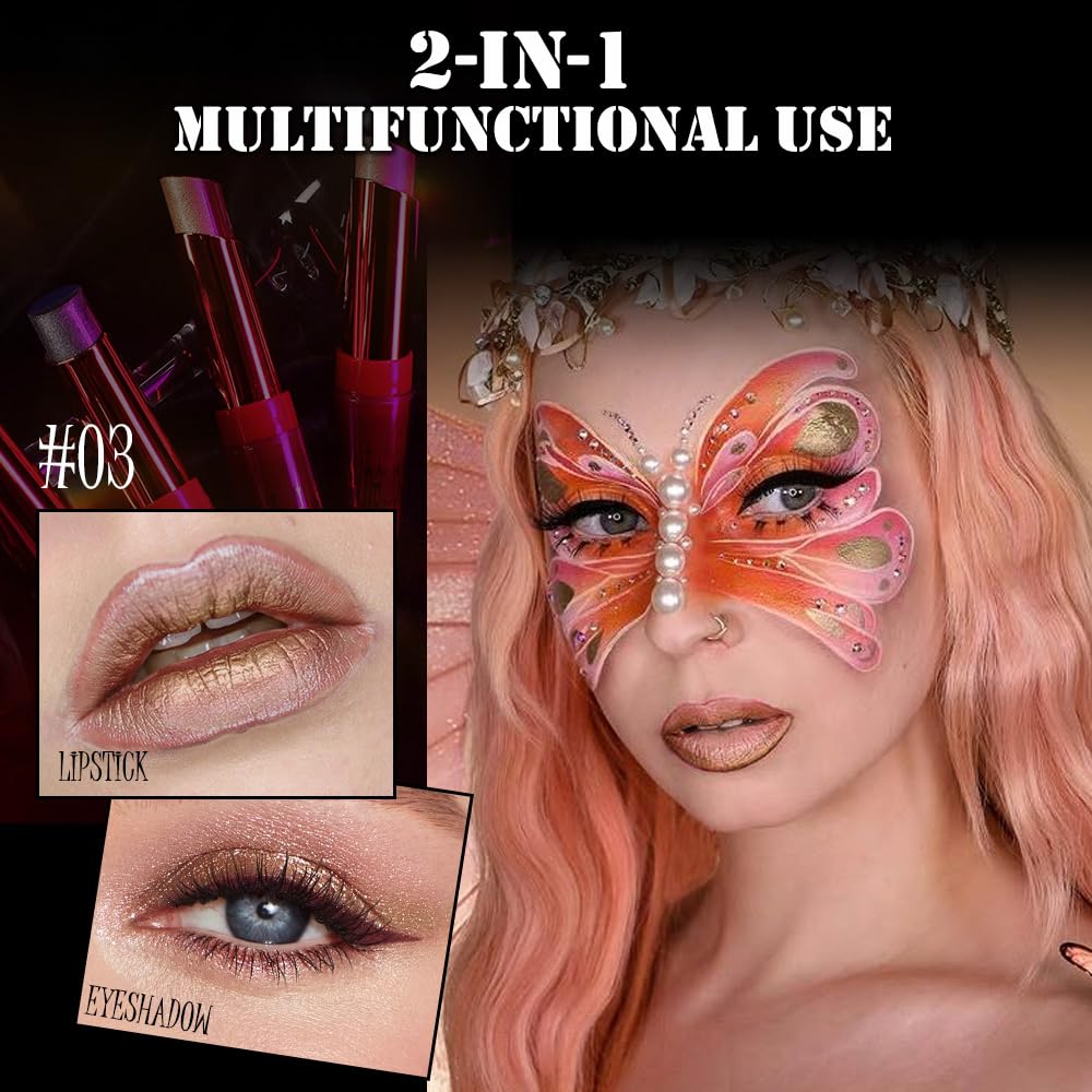 AMY'S DIARY Shimmer Rose Pink Bronze Gold Lipstick Long Lasting Metallic Lip Liner Shimmer for Women Makeup Double Colors Eyeshadow Stick Hydrating Highly Pigmented Coverage Non Stick Cup Lips Gloss