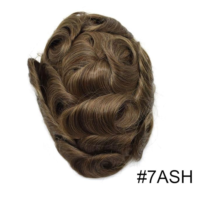 Toupee for Men French Lace Center Human Hair Replacement Systems Transparent Lace Center Hair Piece Mens Toupee Hair Units for Man V-Looped Front Male Hair Prosthesis 8"X10" 7ASH Light Ash Brown