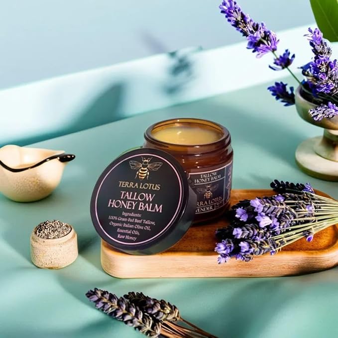 Terra Lotus - Organic Grass-Fed Beef Tallow Balm with Raw Honey - Moisturizing Cream for Soft, Smooth Skin - Handmade All-Natural Moisturizer (2 Oz, Lavender)