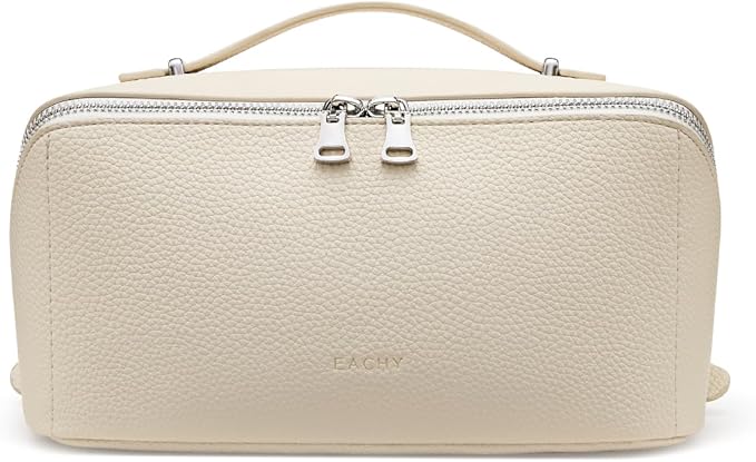 EACHY Travel Makeup Bag, Lychee Leather Large Capacity Cosmetic Bag for Women, Open Flat Toiletry Bag with TPU Brush Compartment, Waterproof Skincare Organizer Travel Essentials
