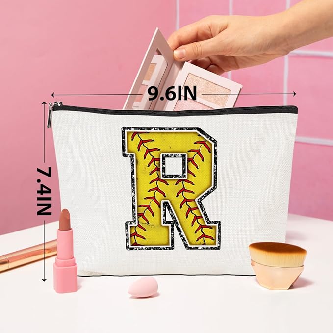 Softball Gifts Initial R Makeup Bag Softball Gifts for Team Cosmetic Bag