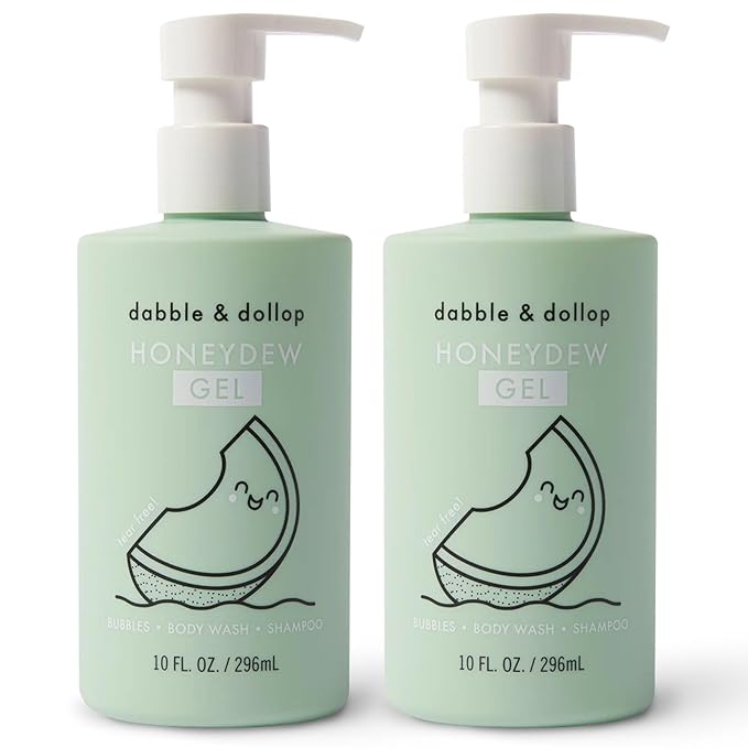 Dabble & Dollop Honeydew Melon Kids 3-in-1 Body Wash, Shampoo & Bubble Bath – Tear-Free, Gentle, Natural-Origin, Hypoallergenic and Safe for Sensitive Skin (10 fl oz, Pack of 2)