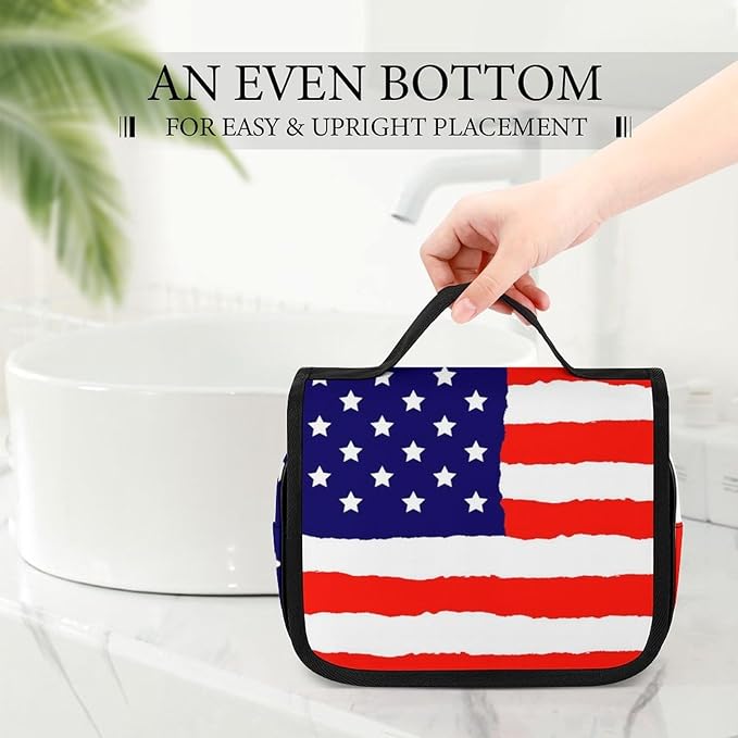 CWECVWE Travel Toiletry Bag, Portable Makeup Bag with Hanging Hook, Hanging Organizer for Women Men Shampoo, Conditioner, Brushes Set, Red Blue White American Flag
