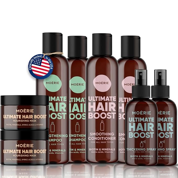 Moérie Hair Growth Shampoo, Conditioner, Spray and Mask for Men and Women, Hair Loss Solution with Biotin and Rosemary, Thickening Hair Regrowth Set with Serum Level Care for Thinning Hair, 8 Set