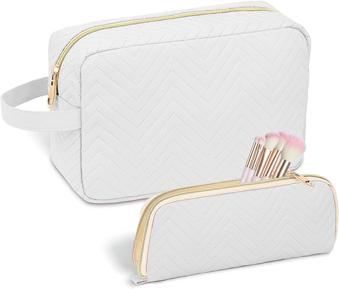 Personalized Initial Makeup Bag Trendy Stuff Leather Waterproof Cosmetic Bag Travel Toiletry Bag, Makeup Organizer Case Mother's Day/Birthday/Graduation Gifts for Women Girls Mom Girlfriend White.