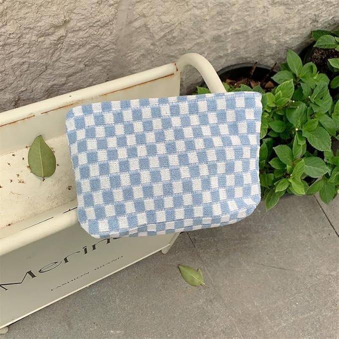 PAZIMIIK Checkered Makeup Bag for Purse, Small Flat Cosmetic Pouch,Blue