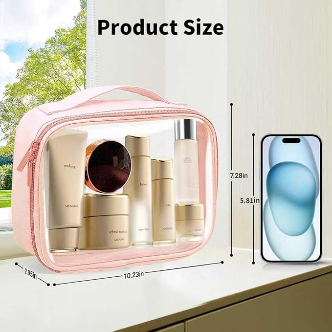 FAYORORY Travel Toiletry Bag,2 Pack Clear Makeup Bags with Handles,180°Opening Clear Cosmetic Bags for Traveling Women,Men,Travel Essentials,Pink