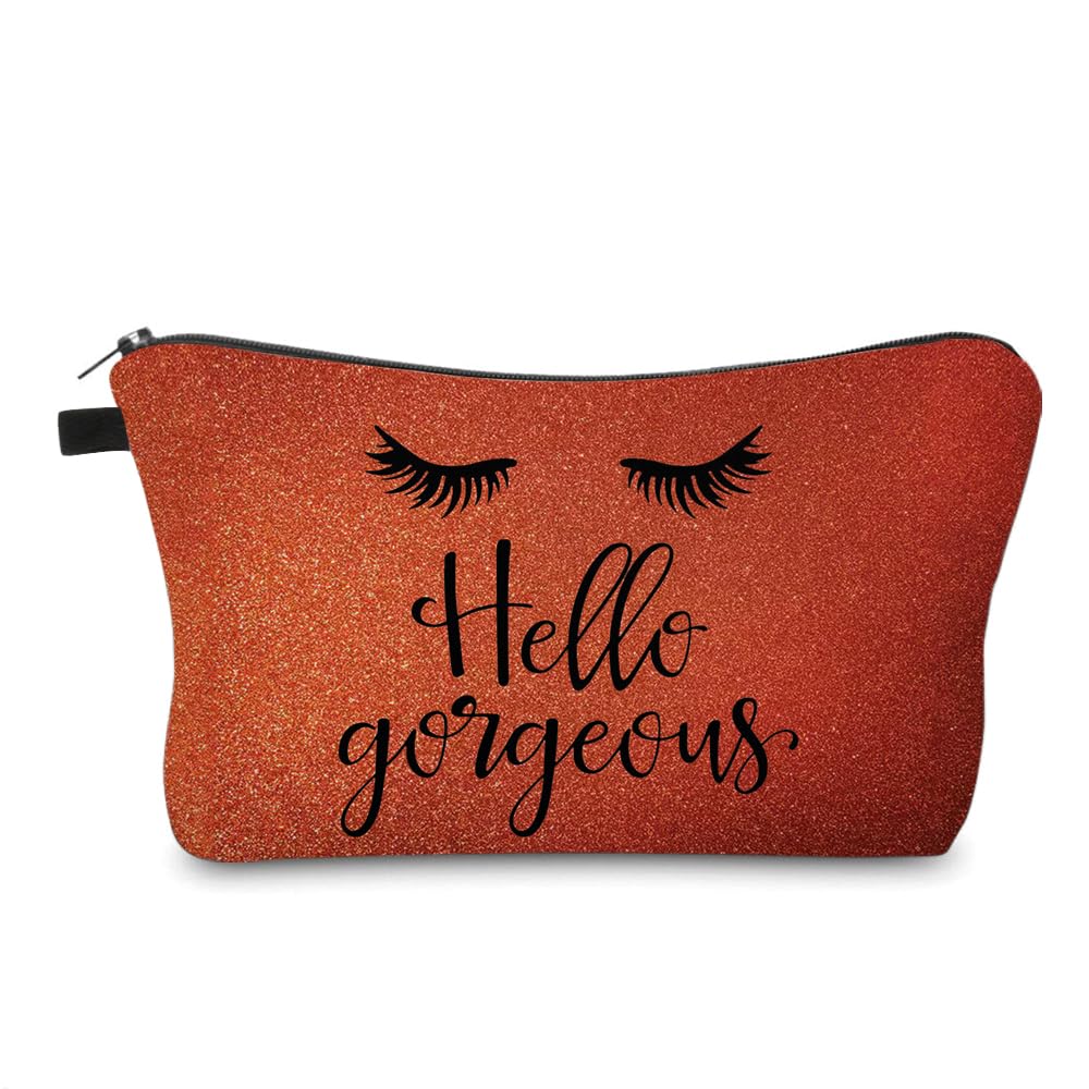 Hello Gorgeous Makeup Bag – Sparkly Orange Cosmetic Bag for Women – Travel Toiletry Organizer Pouch – Glitter Zipper Bag Bridesmaid Gift, Birthday, Holiday