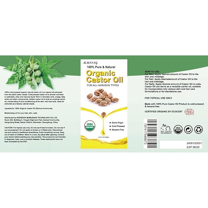 MMPANG Organic Castor Oil, USDA Certified, Cold Pressed, 8 oz Glass Bottle