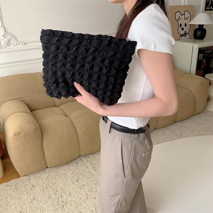 Flat Makeup Bag for Women,Zipper Cosmetic Pouch for Purse,Bubble Black