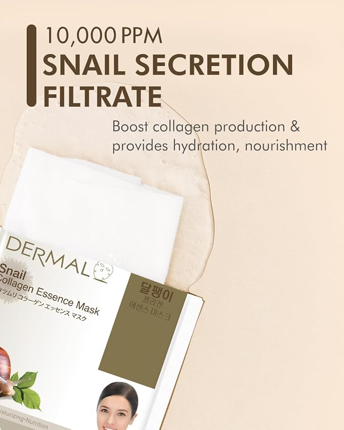 DERMAL Snail Mucin Collagen Korean Essence Sheet Mask, 23g, 10 Pack