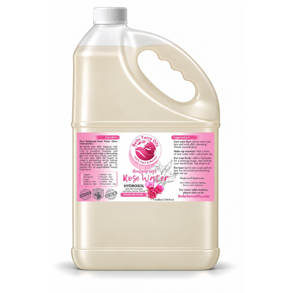 Bella Terra Oils Authentic Rose Water Hydrosol – 1gallon, Steam Distilled, Gentle, Rejuvenating, Refreshing Facial Toner