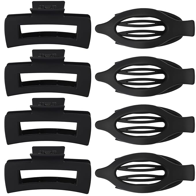 CHANDAT Hair Clips for Women 4.3 Inch Large Hair Claw Clips 8 pcs Square Claw Clips & Flat Hair Clips for Thick or Thin Hair French Concord Hair Barrettes Alligator Hair Accessories for Women (Black)