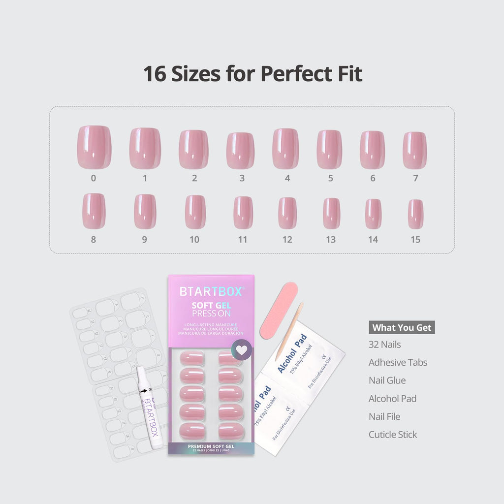 BTArtbox Press On Nails, Lotus Glazed, Short Square, Pink Chrome, 32Ct