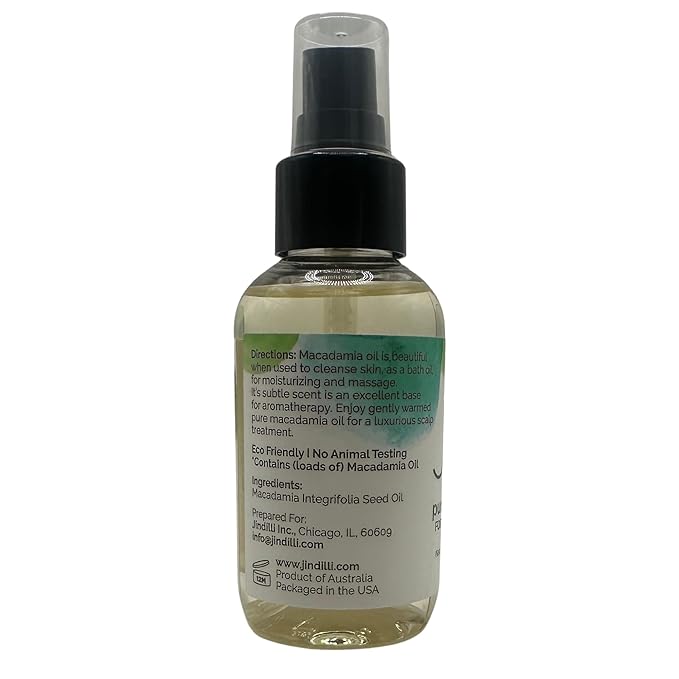 Jindilli Pure Macadamia Oil-Australian Cold-Pressed Refined, Filtered, All-Natural, Cruelty-Free-Travel Moisturizer for Hair, Skin, Nails, Massag-Sensitive Skin, Eczema, Rosacea and Psoriasis-3.4 oz