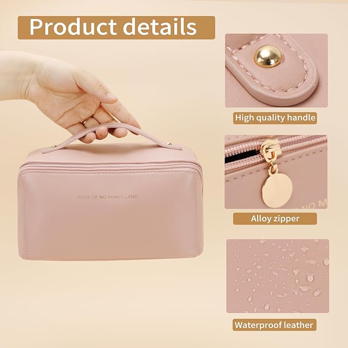 zaleeta 3 Pcs Travel Makeup Bag Portable Large Capacity Cosmetic Bags for Women Open Flat Makeup Case Organizer Bag Set of 3 Waterproof PU Leather Toiletry Bags with Divider and Handle (Pink, Medium)